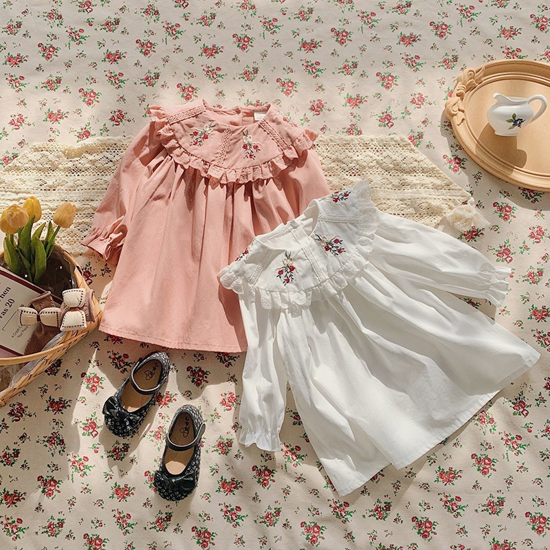 Little Moly Dress Lengan Panjang Bordir Flowers Kerah Korea Anak Perempuan Premium Import SD080