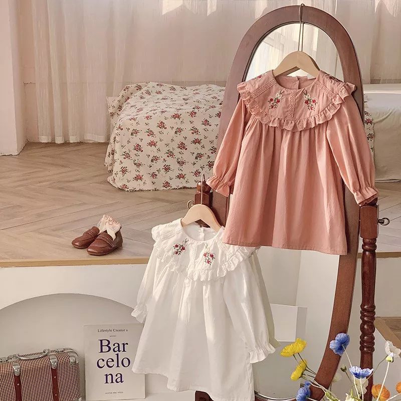 Little Moly Dress Lengan Panjang Bordir Flowers Kerah Korea Anak Perempuan Premium Import SD080 - Gambar 2