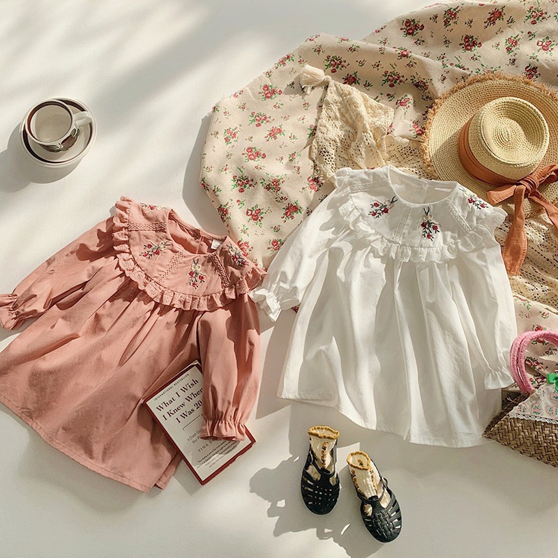 Little Moly Dress Lengan Panjang Bordir Flowers Kerah Korea Anak Perempuan Premium Import SD080 - Gambar 3