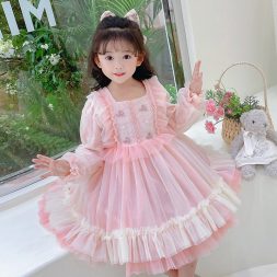 Little Moly Dress Princess Tutu Renda Pink Lengan Panjang Anak Premium Import SD086