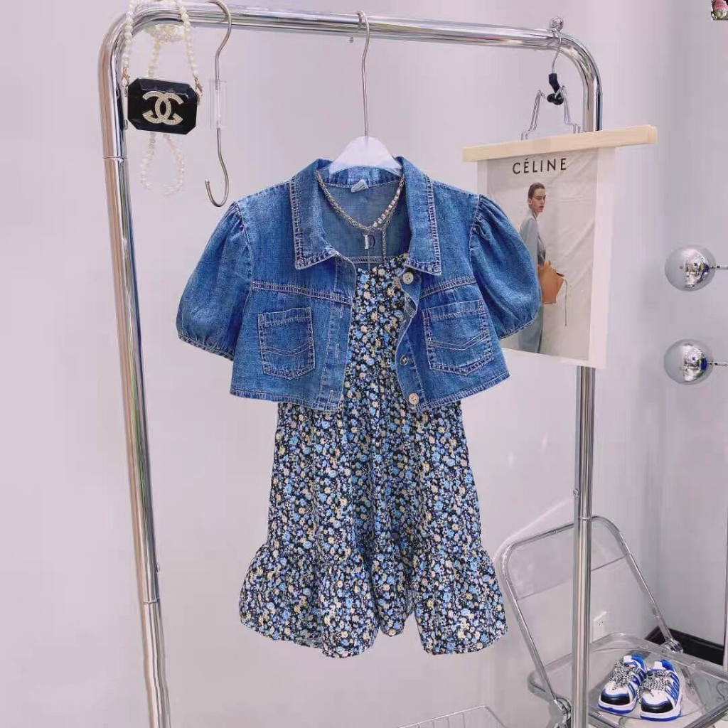 Little Moly Dress One Set Floral Rompi Jeans Import SD089 - Gambar 2