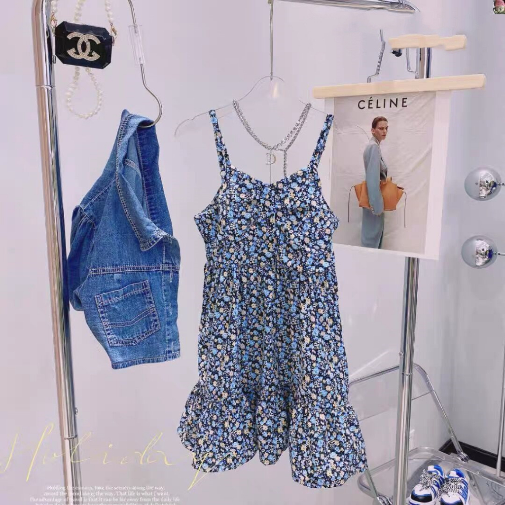 Little Moly Dress One Set Floral Rompi Jeans Import SD089 - Gambar 4
