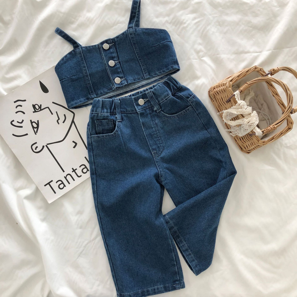Little Moly Setelan Crop Top Celana Panjang Jeans Anak Perempuan Premium Import SBC045